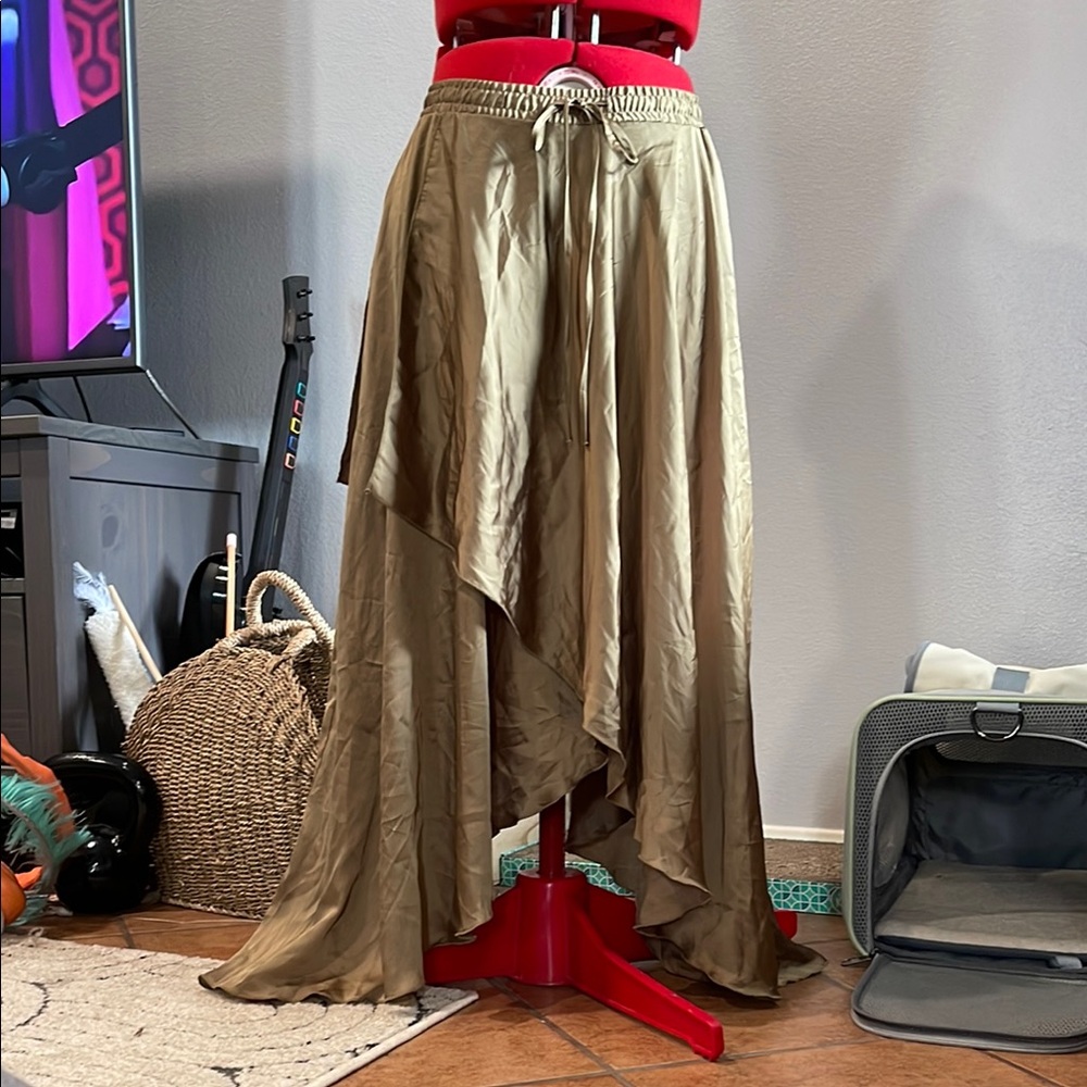 BOGO Elegant Satin Olive Asymmetrical Skirt